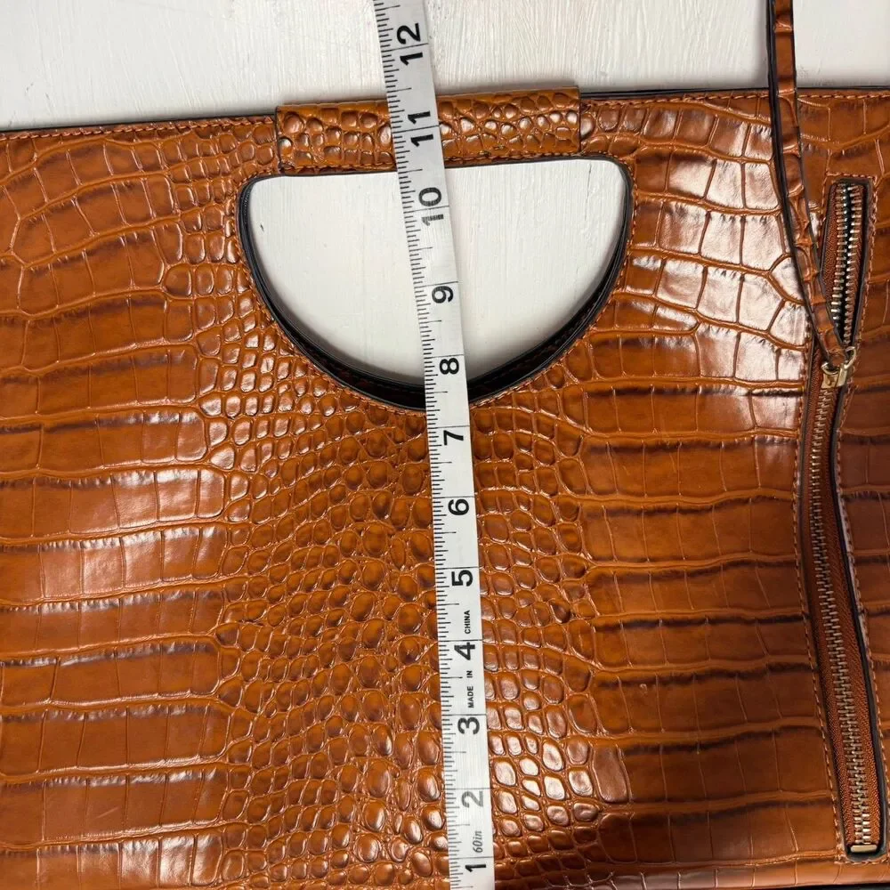 Croc Embossed Brown Faux Leather Clutch Purse Cutout Handle Shoulder Bag - Picture 12 of 16